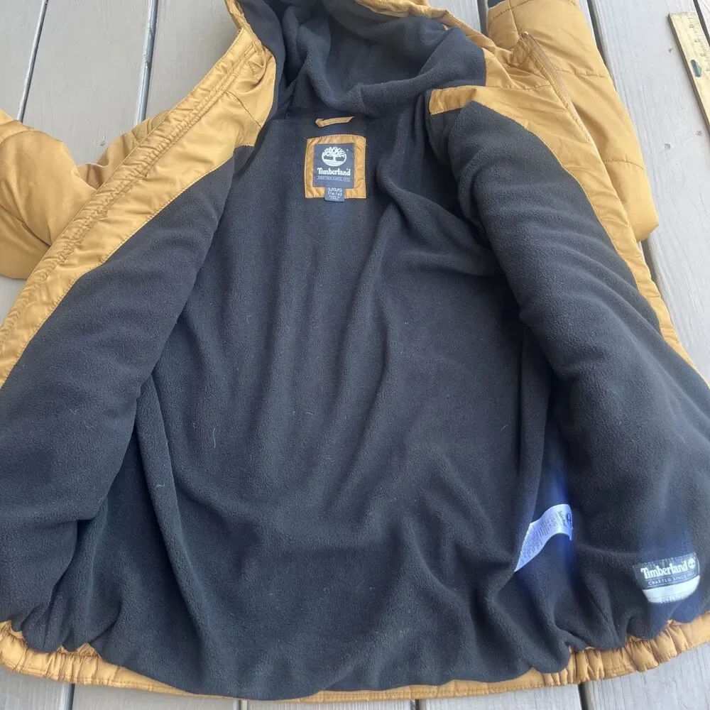 TIMBERLAND Boys Puffer Jacket Tan Hooded Winter Full Zipper Size Large (14-16)